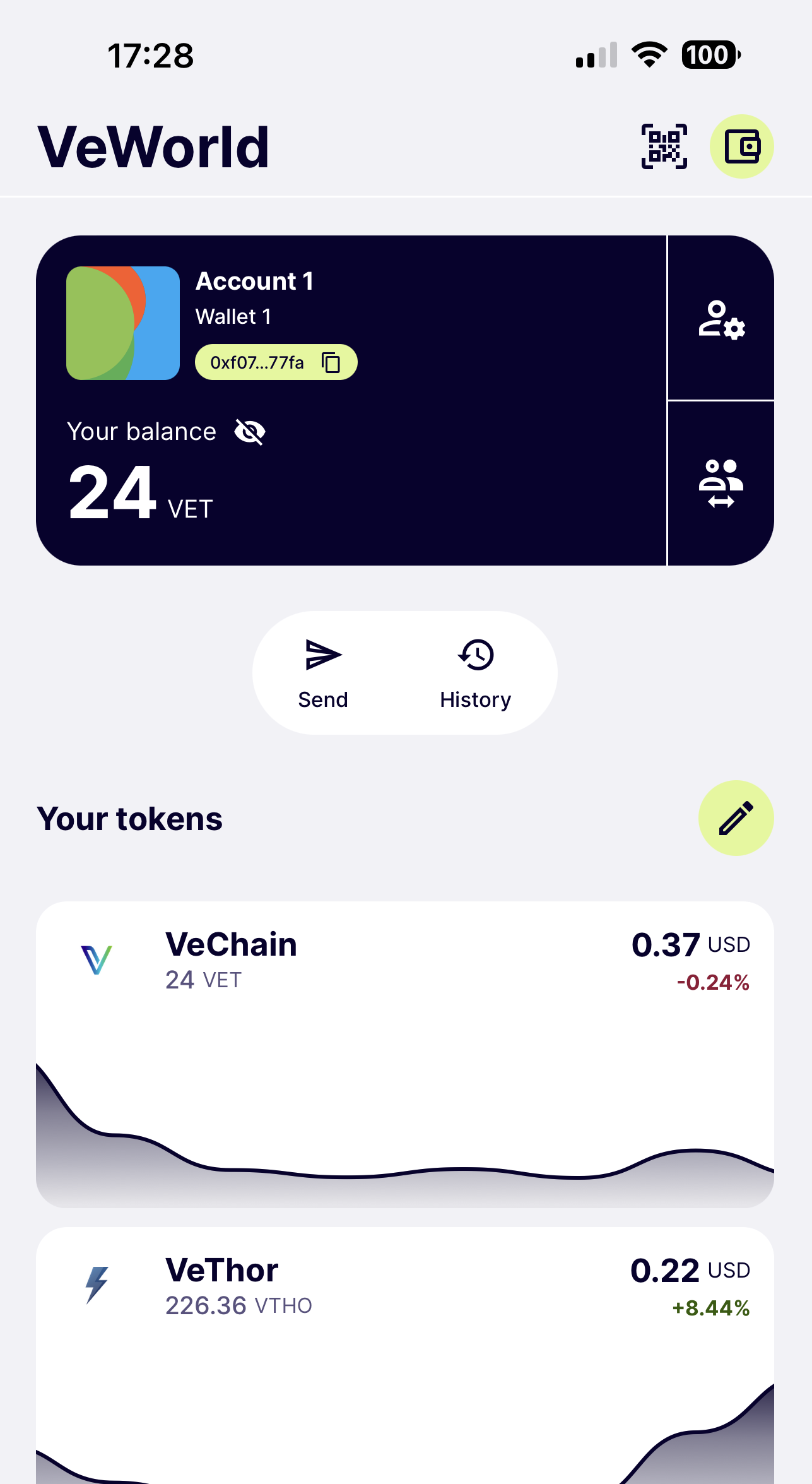 Example of the wallet dashboard